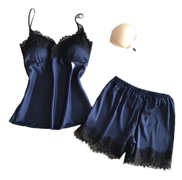 LuckeLadybug LLC women's satin pajama set with lace trim, featuring a camisole and shorts in navy blue