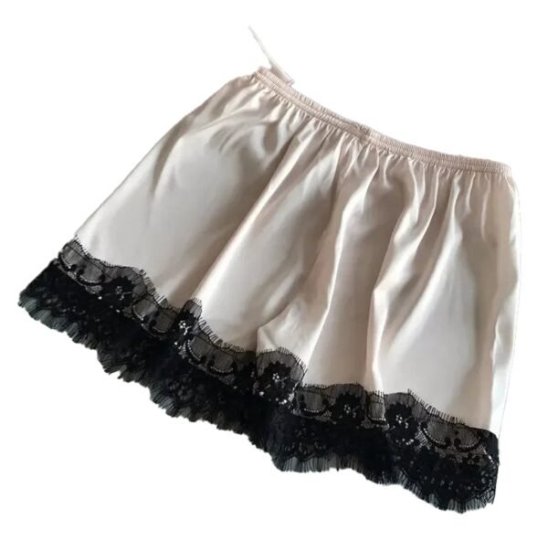 LuckeLadybug women's satin pajama set featuring a soft satin babydoll with elegant black lace trim