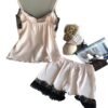 LuckeLadybug women's satin pajama set in pink with black lace details and matching shorts