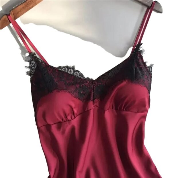 LuckeLadybug women's satin pajama set featuring a burgundy babydoll with lace accents