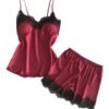 Luxurious red women's satin pajama set with lace trim top and matching shorts for comfort and style