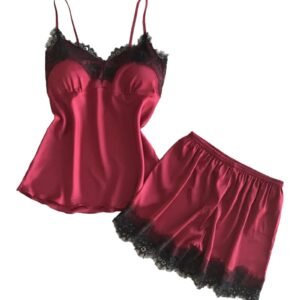 Women's satin pajama set in red with lace trim for a stylish bedtime look