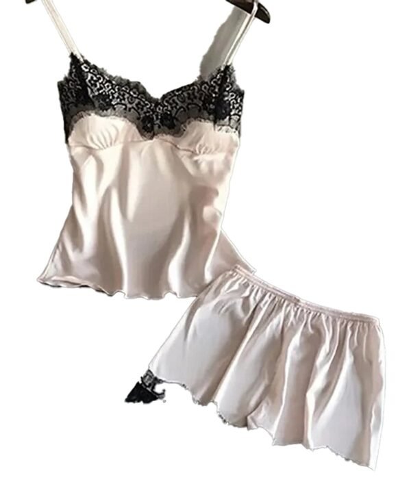 Women's satin pajama set in soft pink featuring lace trim and stylish design