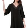 Elegant black women's summer night dress with lace trim and flattering V-neck design