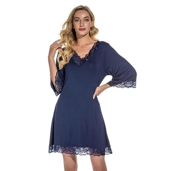 Navy LuckeLadybug women's summer night dress with lace trim and elegant sleeves