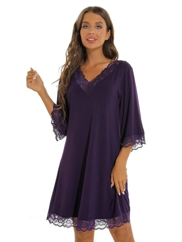 LuckeLadybug women's summer night dress in purple with lace trim and three-quarter sleeves