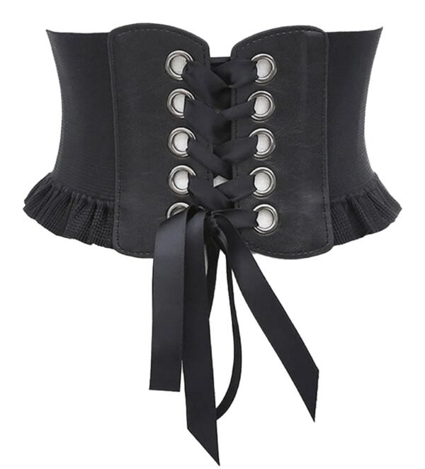 Womens Wide Corset Belt for Fashion Style 32 Womens Wide Corset Belt for Fashion Style LuckeLadybug LLC women's wide corset belt with lace-up front and ruffled edges for stylish outfits