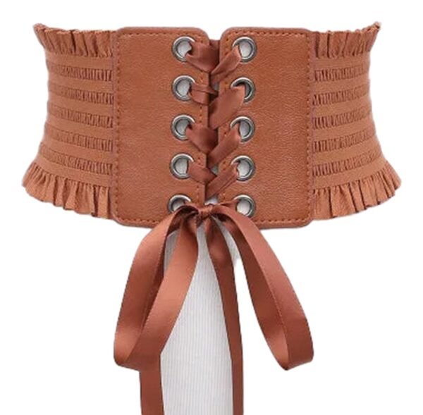 Womens Wide Corset Belt for Fashion Style 29 Womens Wide Corset Belt for Fashion Style LuckeLadybug women's wide corset belt in tan with lace-up design and ruffled edges