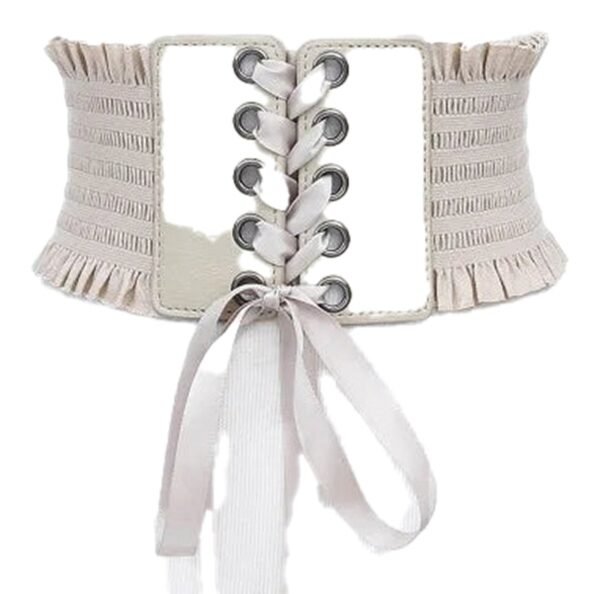 Womens Wide Corset Belt for Fashion Style 30 Womens Wide Corset Belt for Fashion Style LuckeLadybug women's wide corset belt with lace-up design and ruffled edges in light beige