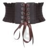 LuckeLadybug women's wide corset belt in brown with lace-up front and ruffled edges for stylish outfits