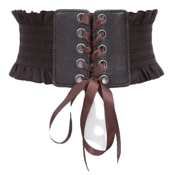 Womens Wide Corset Belt for Fashion Style 33 Womens Wide Corset Belt for Fashion Style LuckeLadybug women's wide corset belt in brown with lace-up front and ruffled edges for stylish outfits