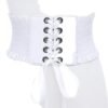 LuckeLadybug women's wide corset belt in white with lace-up design and ruffled edges