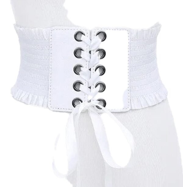 Womens Wide Corset Belt for Fashion Style 31 Womens Wide Corset Belt for Fashion Style LuckeLadybug women's wide corset belt in white with lace-up design and ruffled edges