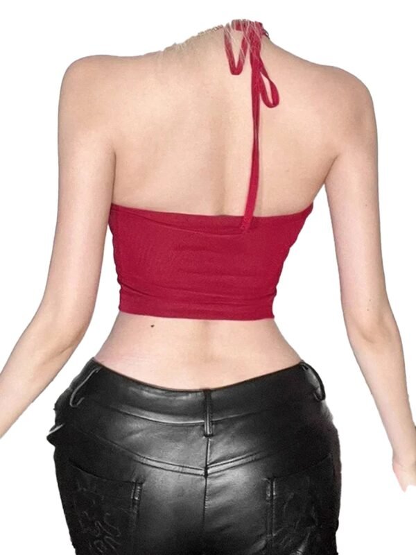 Y2k Corset Crop Top With Cutout Design 3 Y2k Corset Crop Top With Cutout Design Back view of a red Y2k corset crop top with halter tie and fitted design for a trendy look