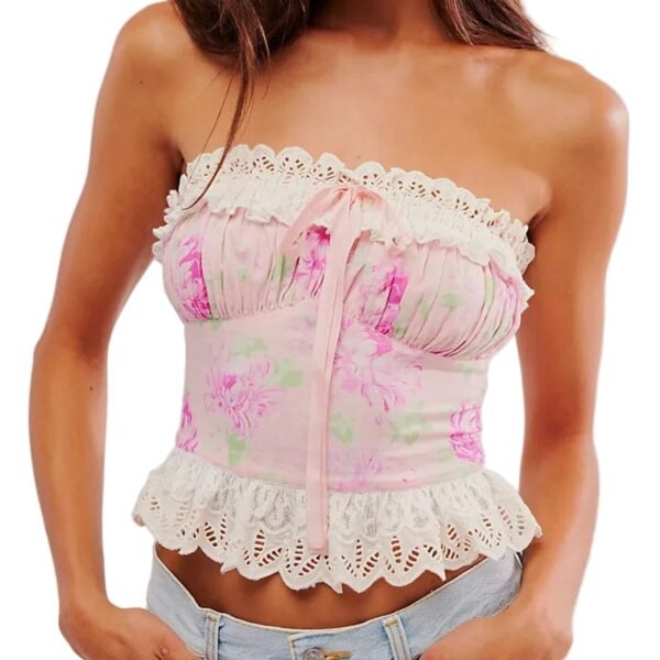 Y2k Floral Corset Top For Trendy Style 1 Y2k Floral Corset Top For Trendy Style Y2K floral corset top with lace trim and pink flower patterns for a trendy summer look
