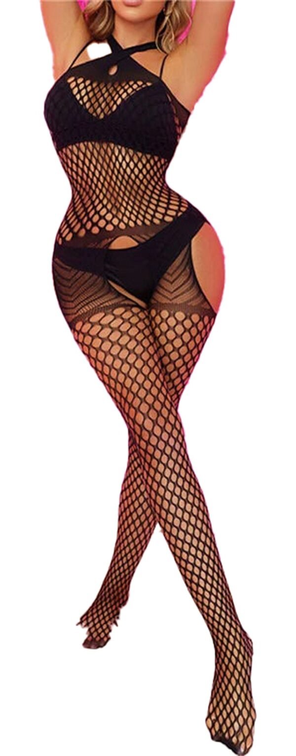 Yellow Fishnet Lingerie Set Bodystocking 5 Yellow Fishnet Lingerie Set Bodystocking Black bodystocking featuring a fishnet design and cutouts, perfect for wearing with the yellow fishnet lingerie set.