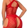 Red bodystocking featuring open back design and fishnet detailing in a sexy style, ideal for expressing confidence in a yellow fishnet lingerie set.