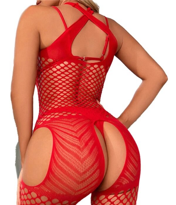 Yellow Fishnet Lingerie Set Bodystocking 4 Yellow Fishnet Lingerie Set Bodystocking Red bodystocking featuring open back design and fishnet detailing in a sexy style, ideal for expressing confidence in a yellow fishnet lingerie set.