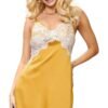 Plus size yellow satin lace nightgown by LuckeLadybug LLC featuring elegant lace detailing