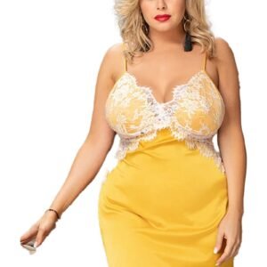 Home 5 Home Plus size yellow satin lace nightgown featuring delicate lace detailing and adjustable straps