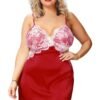 Red satin lace babydoll nightgown plus size with elegant pink lace accents